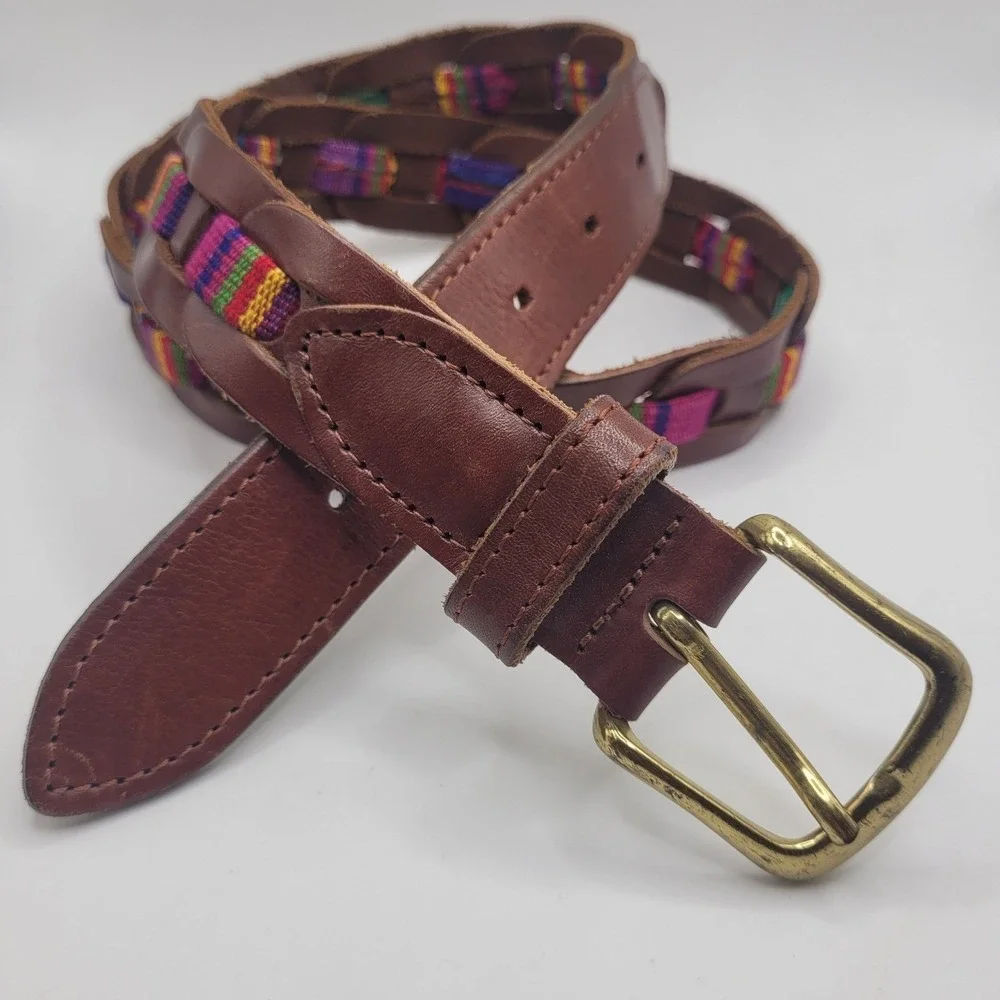 Brown Leather Belt Lg Woven Colorful Fabric Boho Folk Artisan Ethnic Guatemala